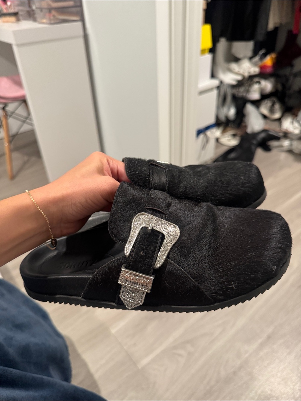 SCHUTZ Black Mule with Engraved Silver Buckle